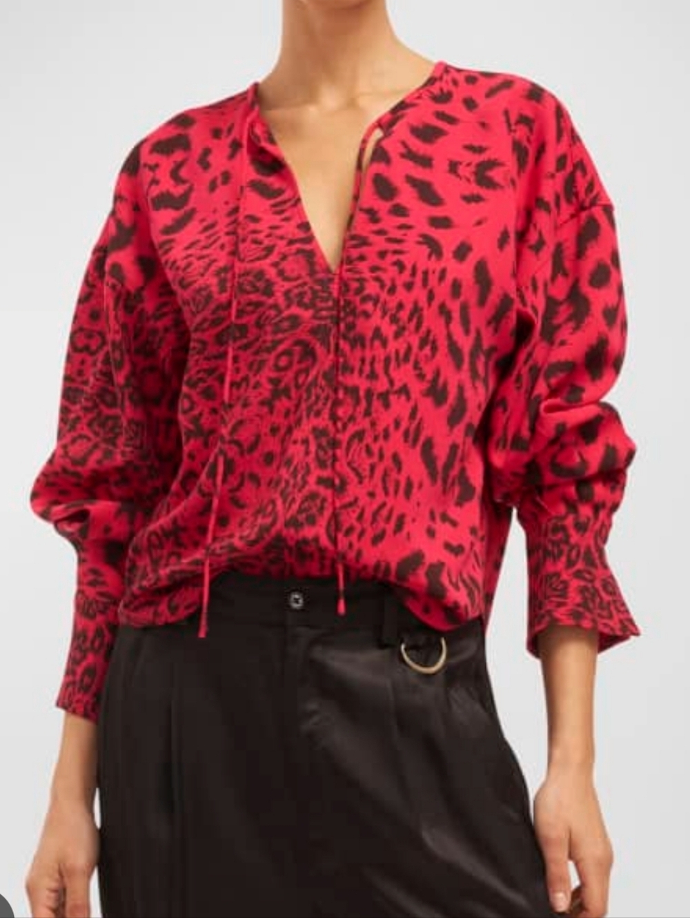 Equipment Hailey Women’s XL Animal Print Tie Neck Blouse Pink Black Chic